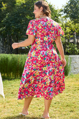 Pink Floral Print V Neck Pocketed High Waist Plus Size Midi Dress Plus Size Midi Dresses JT's Designer Fashion