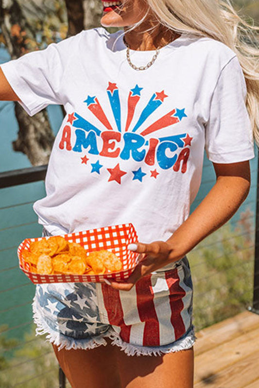 White AMERICA Star Graphic Round Neck Tee Graphic Tees JT's Designer Fashion