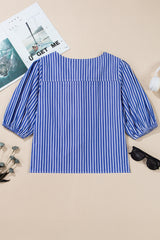 Blue Stripe Tied Front Puff Short Sleeve Blouse Blouses & Shirts JT's Designer Fashion