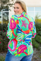 Green Abstract Printed Flounce Sleeve V Neck Buttoned Plus Size Blouse Plus Size Blouses & Shirts JT's Designer Fashion