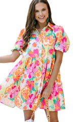 Pink Floral Puff Sleeve Collar Buttoned Babydoll Dress Floral Dresses JT's Designer Fashion