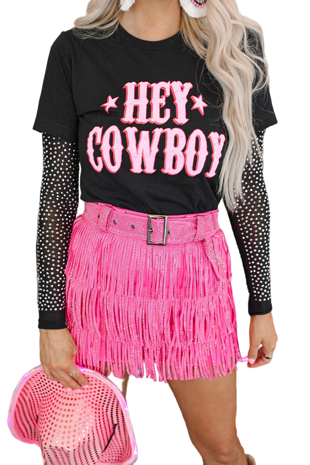 Black HEY COWBOY Graphic Crew Neck T-shirt Graphic Tees JT's Designer Fashion