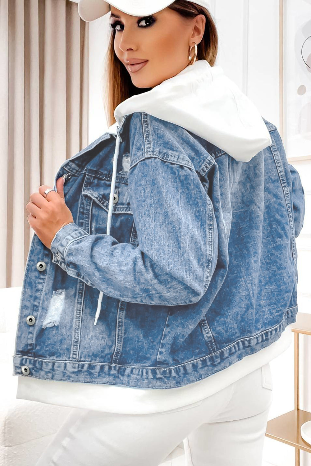 Sky Blue Distressed Contrast Hooded Denim Jacket with Pockets Denim Jackets JT's Designer Fashion