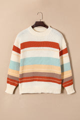 Crew Neck Drop-shoulder Striped Color Block Sweater Sweaters & Cardigans JT's Designer Fashion