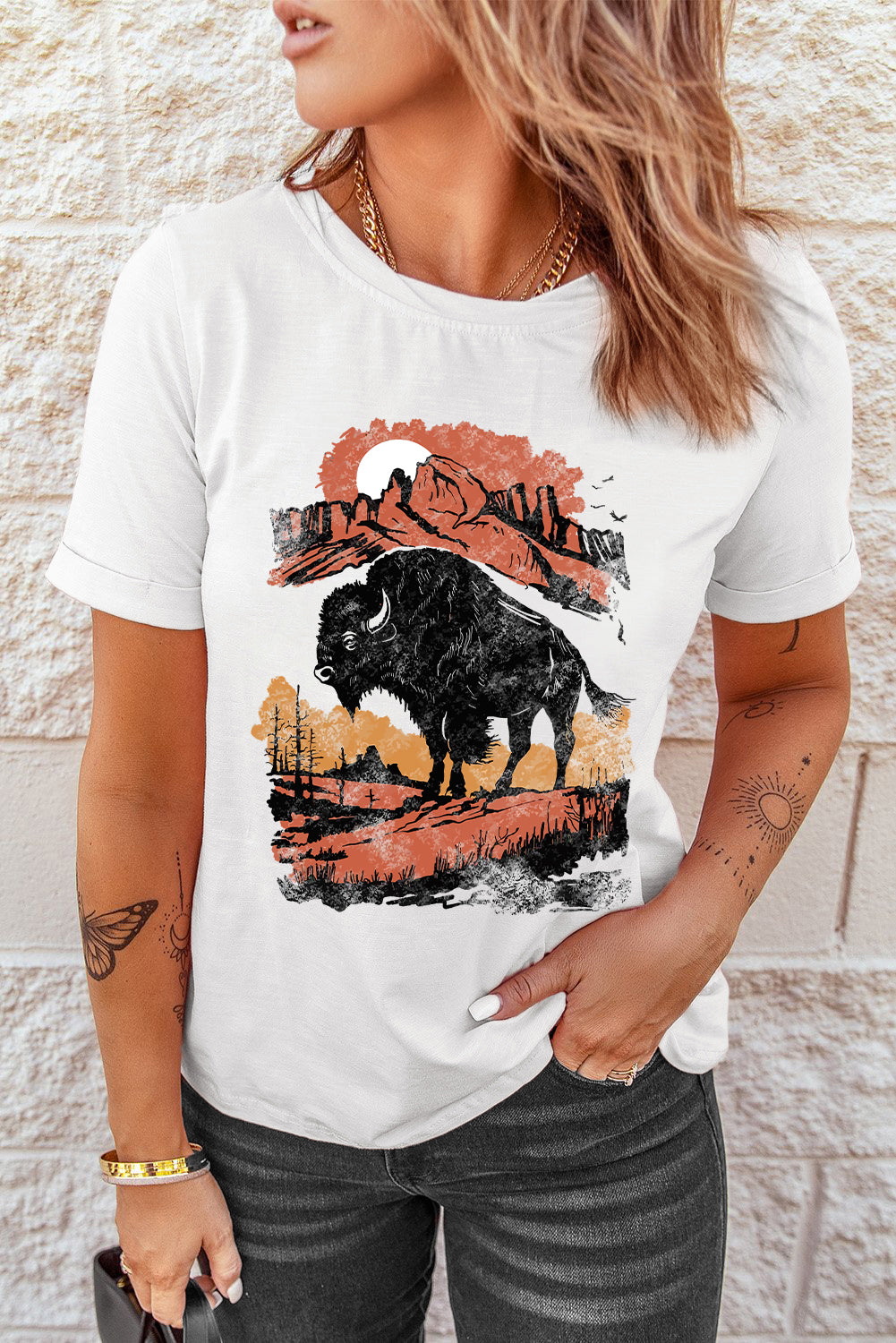 White Western Buffalo On Plains Graphic Crew Neck Tee Graphic Tees JT's Designer Fashion
