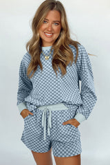 Sky Blue Checkerboard Long Sleeve Pullover and Shorts Set Short Sets JT's Designer Fashion