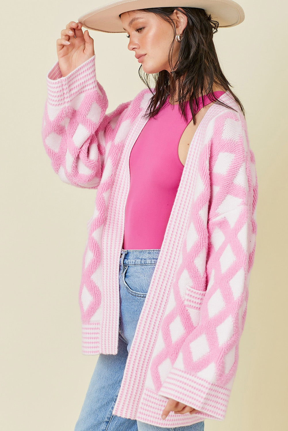 Pink Rhombus Pattern Knit Open Front Pocketed Cardigans Cardigans JT's Designer Fashion