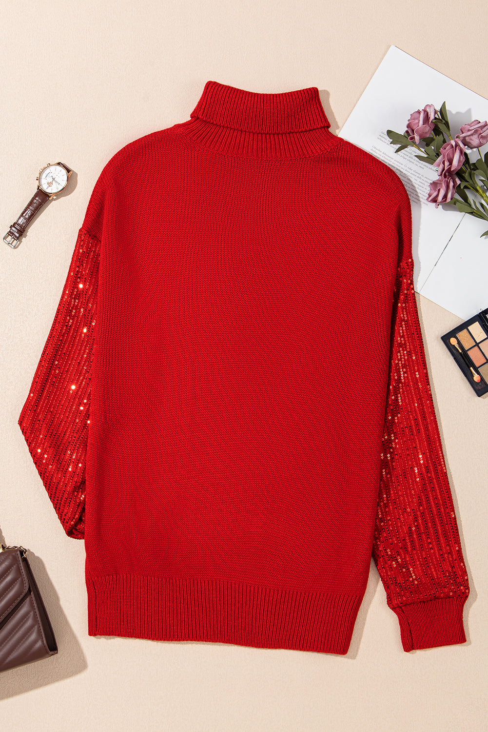 Racing Red Merry Graphic Sequin Sleeves Christmas Turtleneck Sweater Sweaters JT's Designer Fashion