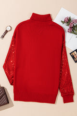 Racing Red Merry Graphic Sequin Sleeves Christmas Turtleneck Sweater Sweaters JT's Designer Fashion