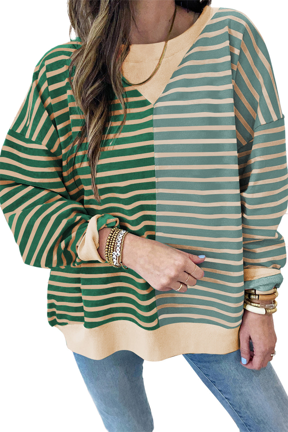 Green Stripe Casual Stripe Colorblock Drop Shoulder Oversize Sweatshirt Sweatshirts & Hoodies JT's Designer Fashion