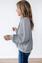 Light Grey Waffle Patchwork Long Sleeve Raw Hem Pullover Top Long Sleeve Tops JT's Designer Fashion