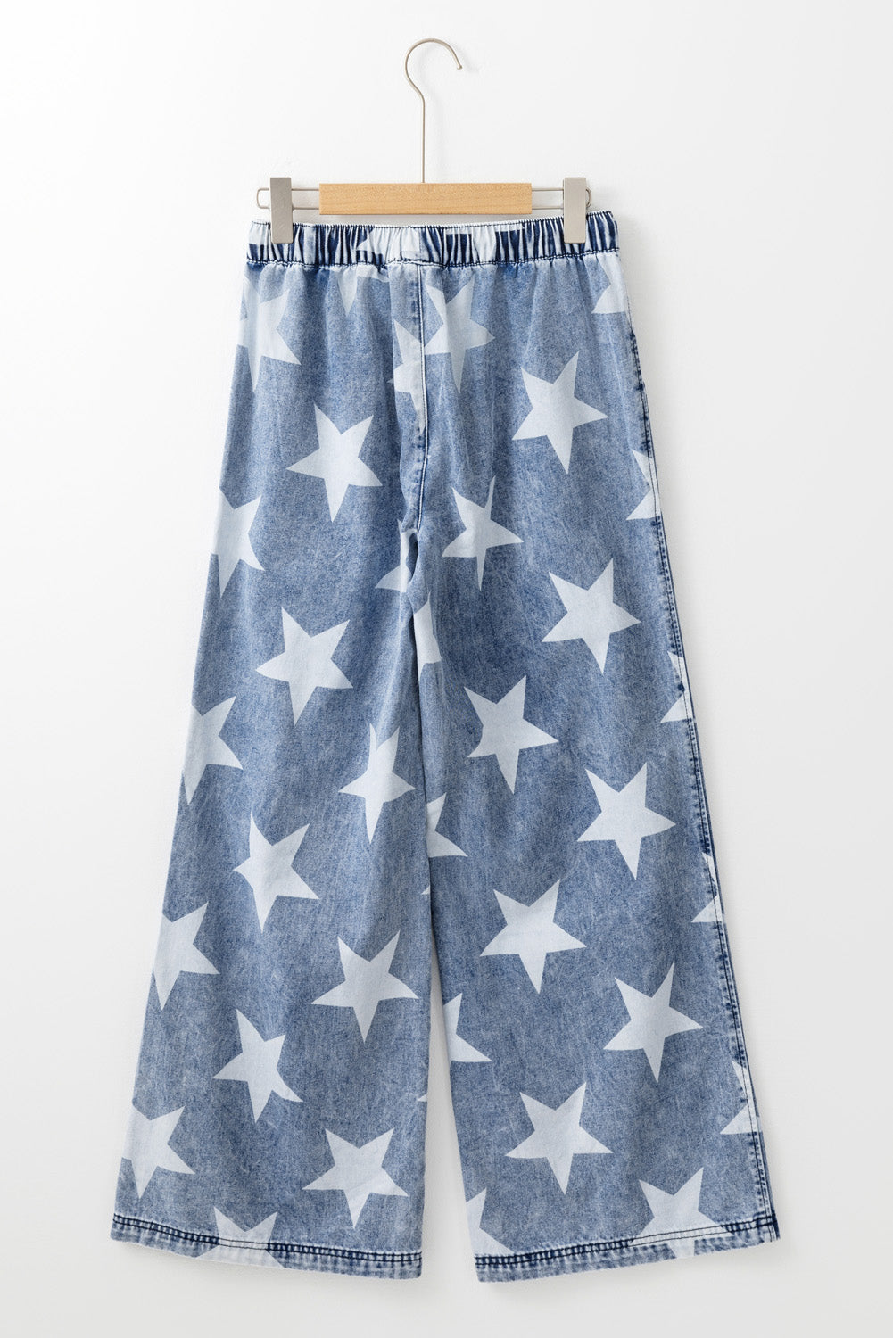 Light Blue Star Print Light Wash Drawstring Elastic Waistband Wide Leg Jeans Jeans JT's Designer Fashion