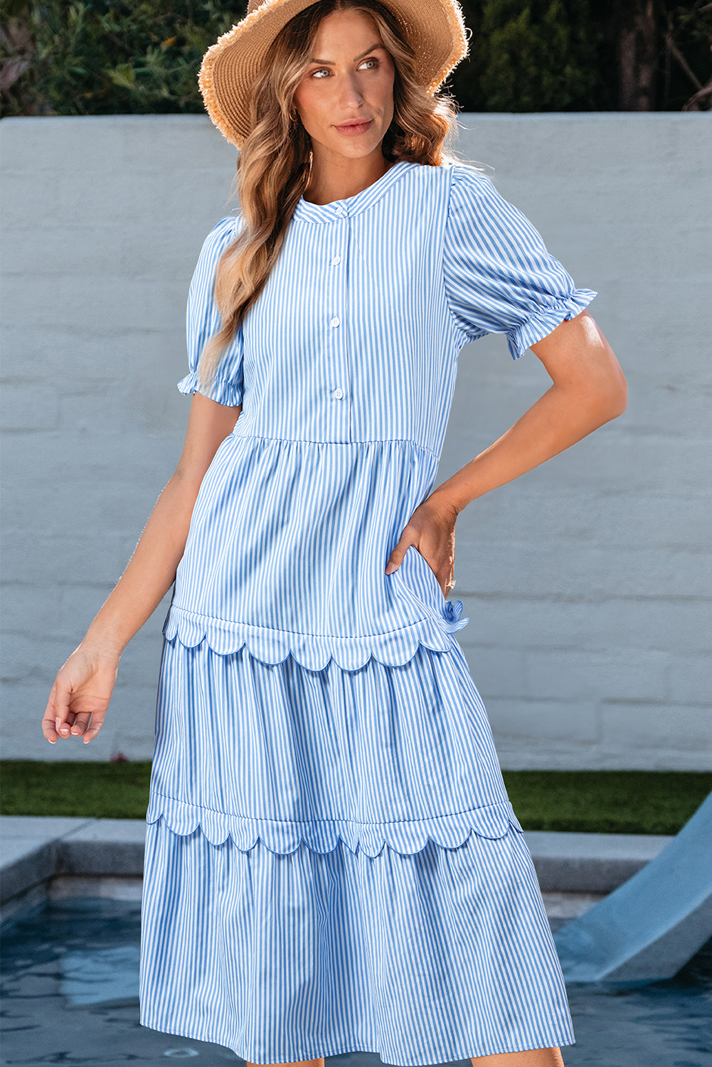 Sky Blue Stripe Bubble Short Sleeve Tiered Scallop Long Dress Sky Blue Stripe 65%Polyester+35%Cotton Maxi Dresses JT's Designer Fashion