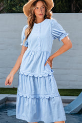 Sky Blue Stripe Bubble Short Sleeve Tiered Scallop Long Dress Sky Blue Stripe 65%Polyester+35%Cotton Maxi Dresses JT's Designer Fashion