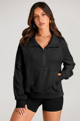 Black Quarter Zip Stand Neck Kangaroo Pocket Sweatshirt Sweatshirts & Hoodies JT's Designer Fashion