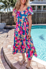 Dark Blue Square Neck Bubble Sleeve Ruffled Floral Dress Floral Dresses JT's Designer Fashion