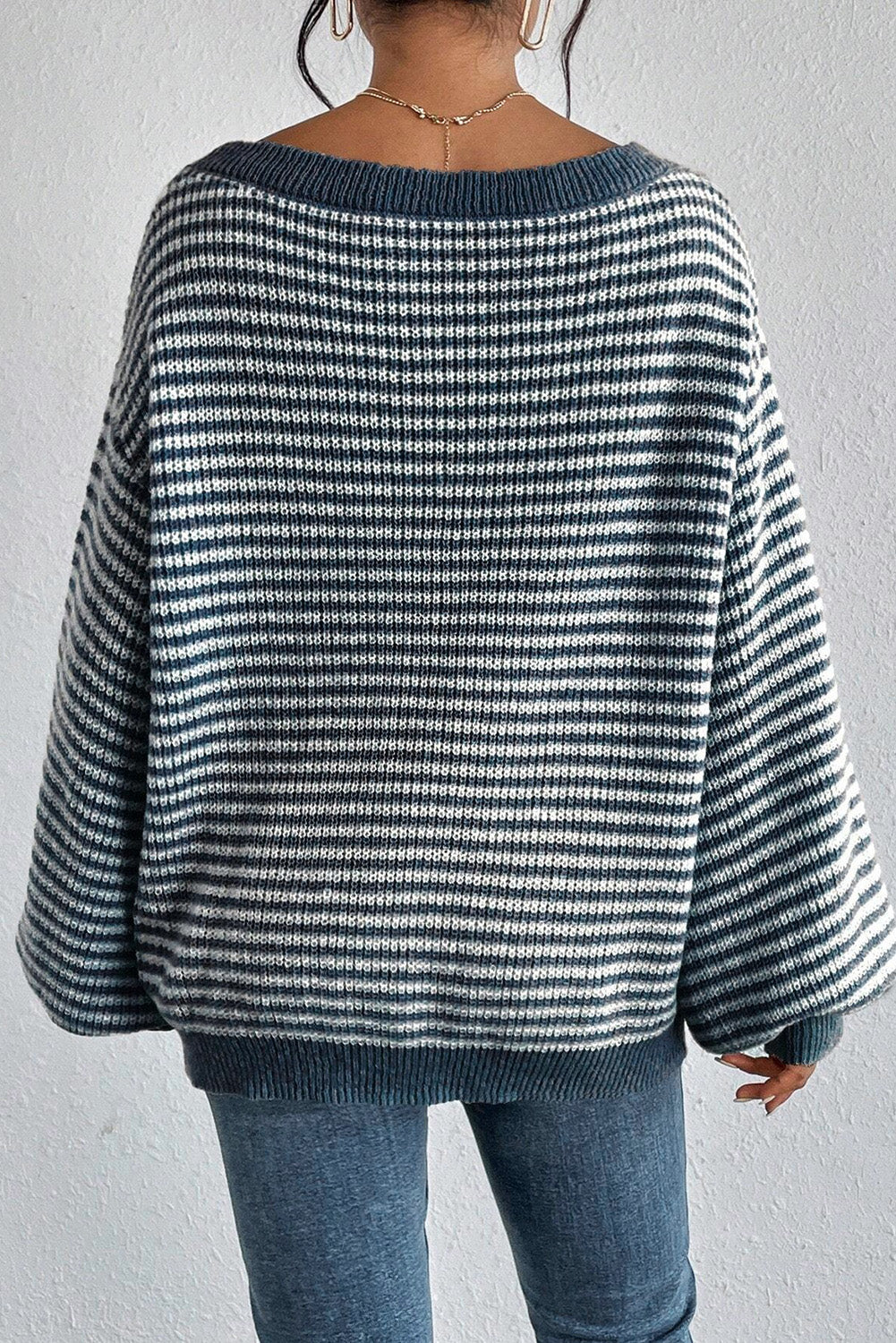 Sail Blue Striped Lantern Sleeve Drop Shoulder Cozy Sweater Sweaters JT's Designer Fashion