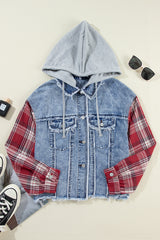 Beau Blue Plaid Print Patchwork Hooded Raw Hem Denim Jacket Denim Jackets JT's Designer Fashion