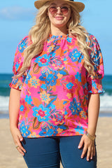 Rose Plus Floral Print Frilly Neck Puff Sleeve Blouse Plus Size JT's Designer Fashion