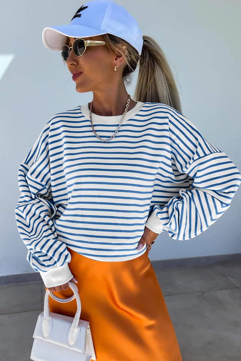 Blue Stripe Drop Shoulder Crew Neck Loose Sweatshirt Sweatshirts & Hoodies JT's Designer Fashion