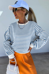 Blue Stripe Drop Shoulder Crew Neck Loose Sweatshirt Sweatshirts & Hoodies JT's Designer Fashion