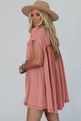 Dusty Pink Corded Knit Textured Patched Pocket Frilled Swing Mini Dress with Pockets Mini Dresses JT's Designer Fashion