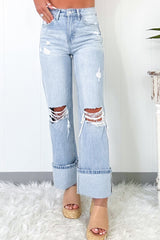 Beau Blue Light Wash Distressed Straight Jeans Jeans JT's Designer Fashion