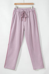 Orchid Petal Drawstring Waist Satin Stripe Patch Straight Leg High Waist Pants Pants & Culotte JT's Designer Fashion