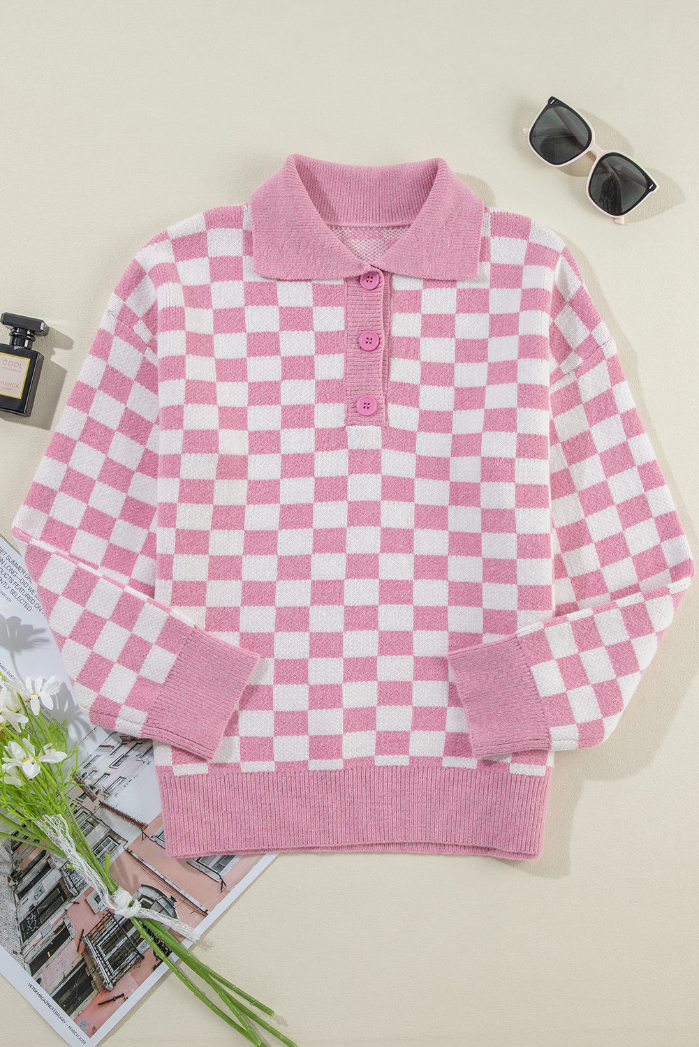Pink Checkered Buttons Collar V Neck Drop Shoulder Sweater Sweaters JT's Designer Fashion