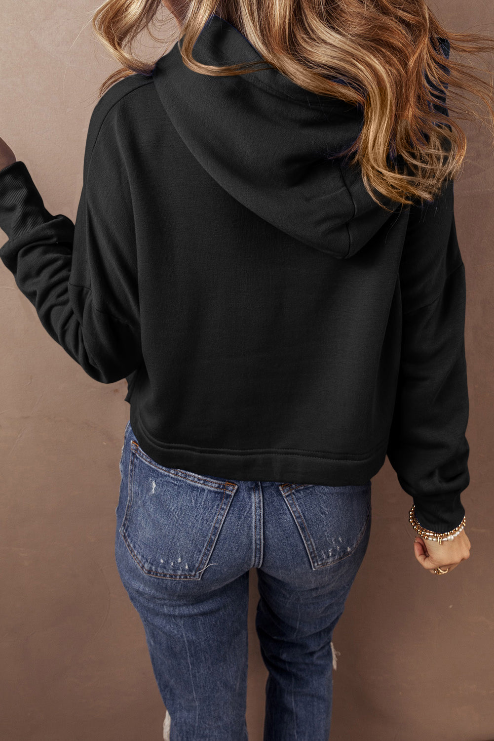Black Solid Drop Shoulder Drawstring Cropped Hoodie Sweatshirts & Hoodies JT's Designer Fashion