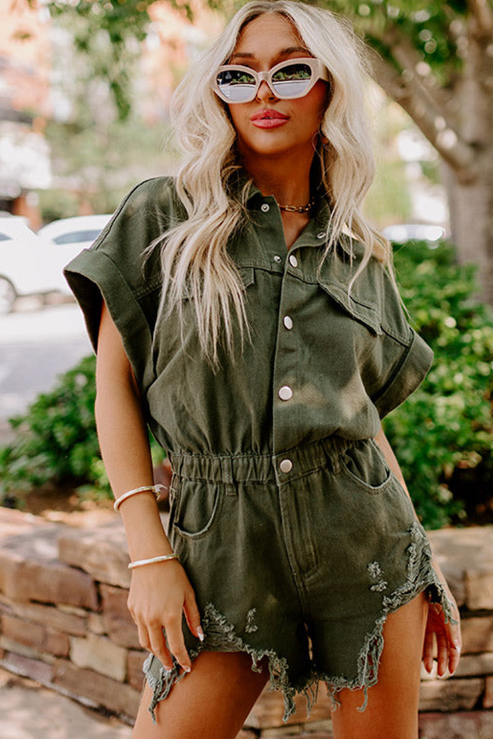 Moss Green Short Sleeve Buttoned Elastic Waist Frayed Denim Romper Bottoms JT's Designer Fashion