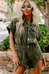 Moss Green Short Sleeve Buttoned Elastic Waist Frayed Denim Romper Bottoms JT's Designer Fashion