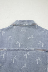 Sky Blue Bow Knot Print Light Wash Raw Hem Denim Jacket Denim Jackets JT's Designer Fashion
