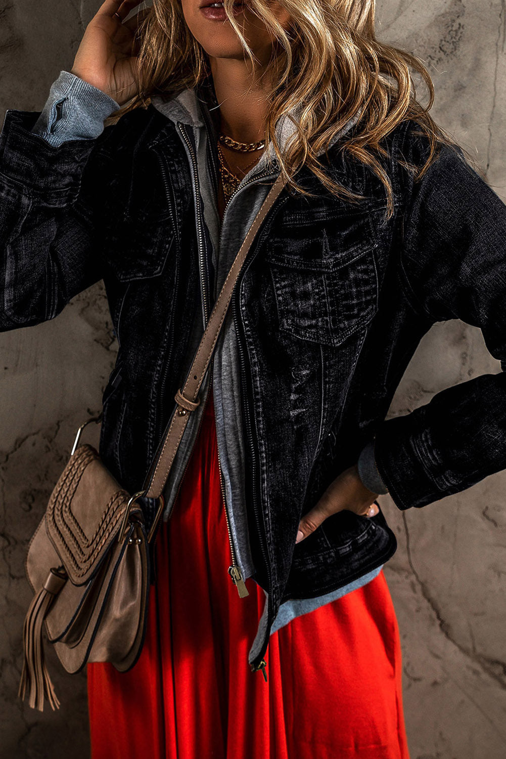 Black Fake Two-Piece Hooded Zip-Up Denim Jacket Denim Jackets JT's Designer Fashion
