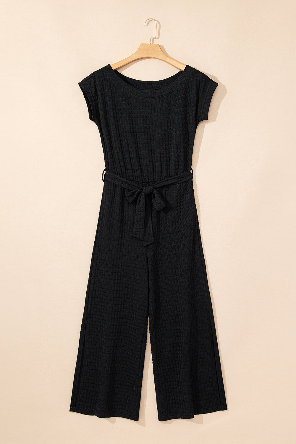 Black Checkered Mesh One Shoulder Short Sleeve Knotted Waist Jumpsuit Jumpsuits & Rompers JT's Designer Fashion