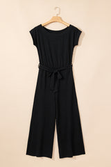 Black Checkered Mesh One Shoulder Short Sleeve Knotted Waist Jumpsuit Jumpsuits & Rompers JT's Designer Fashion