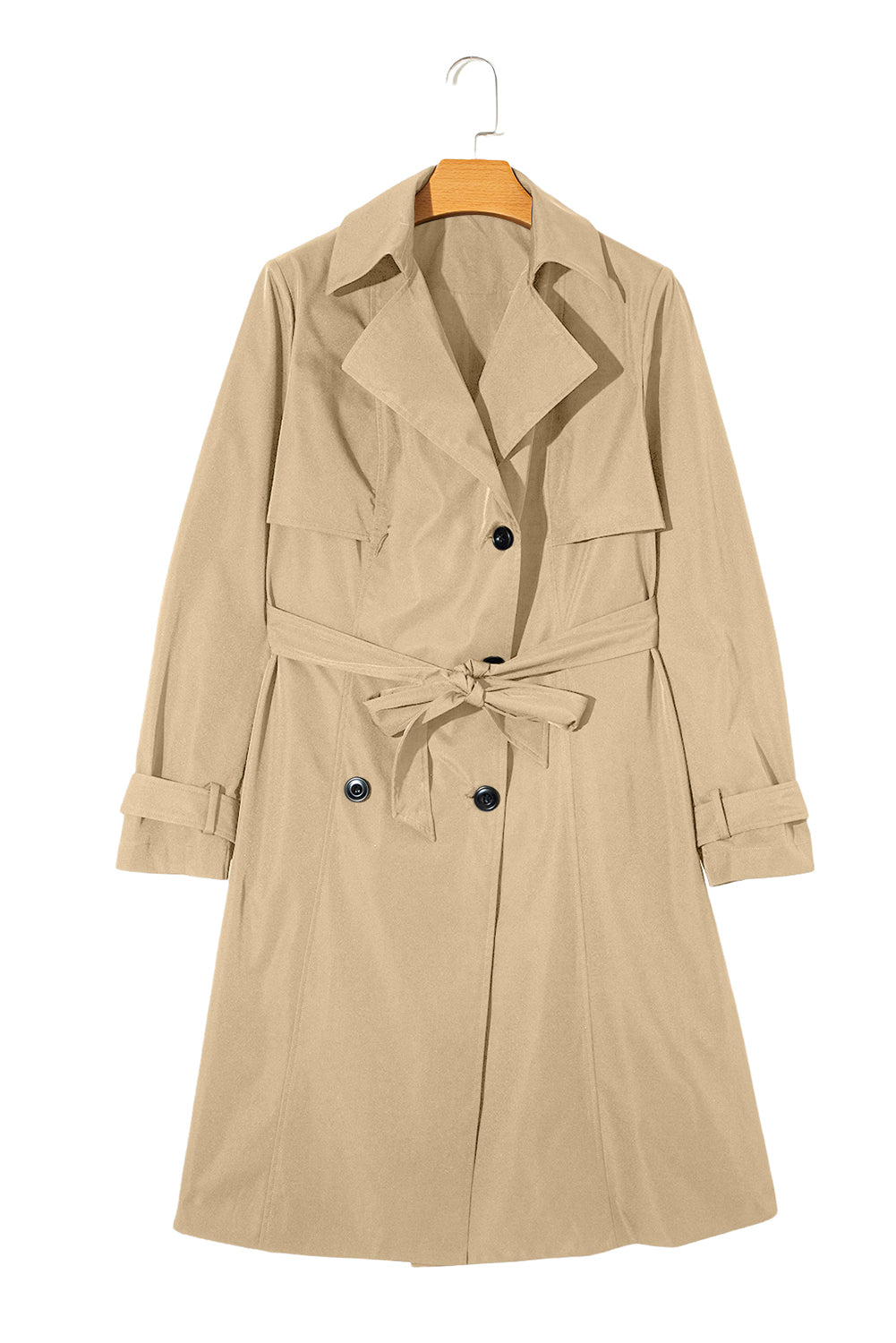 Pale Khaki Solid Color Lapel Collar Waist Tie Wind Coat Coats JT's Designer Fashion