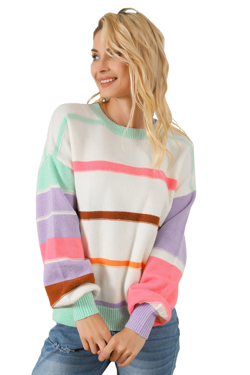 Multicolor Striped Colorblock Drop Shoulder Sweater Sweaters & Cardigans JT's Designer Fashion