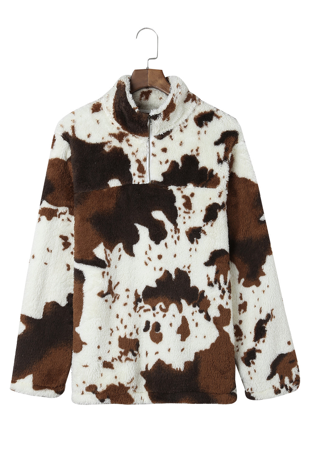 Zip Collar Cow Print Fleece Sweatshirt Sweatshirts & Hoodies JT's Designer Fashion