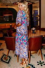 Sky Blue Mixed Floral Print Tie Split Neck Short Sleeve Dress Floral Dresses JT's Designer Fashion