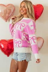 Pink Bow Knot Two Tone Checkered Crew Neck Sweater Sweaters JT's Designer Fashion
