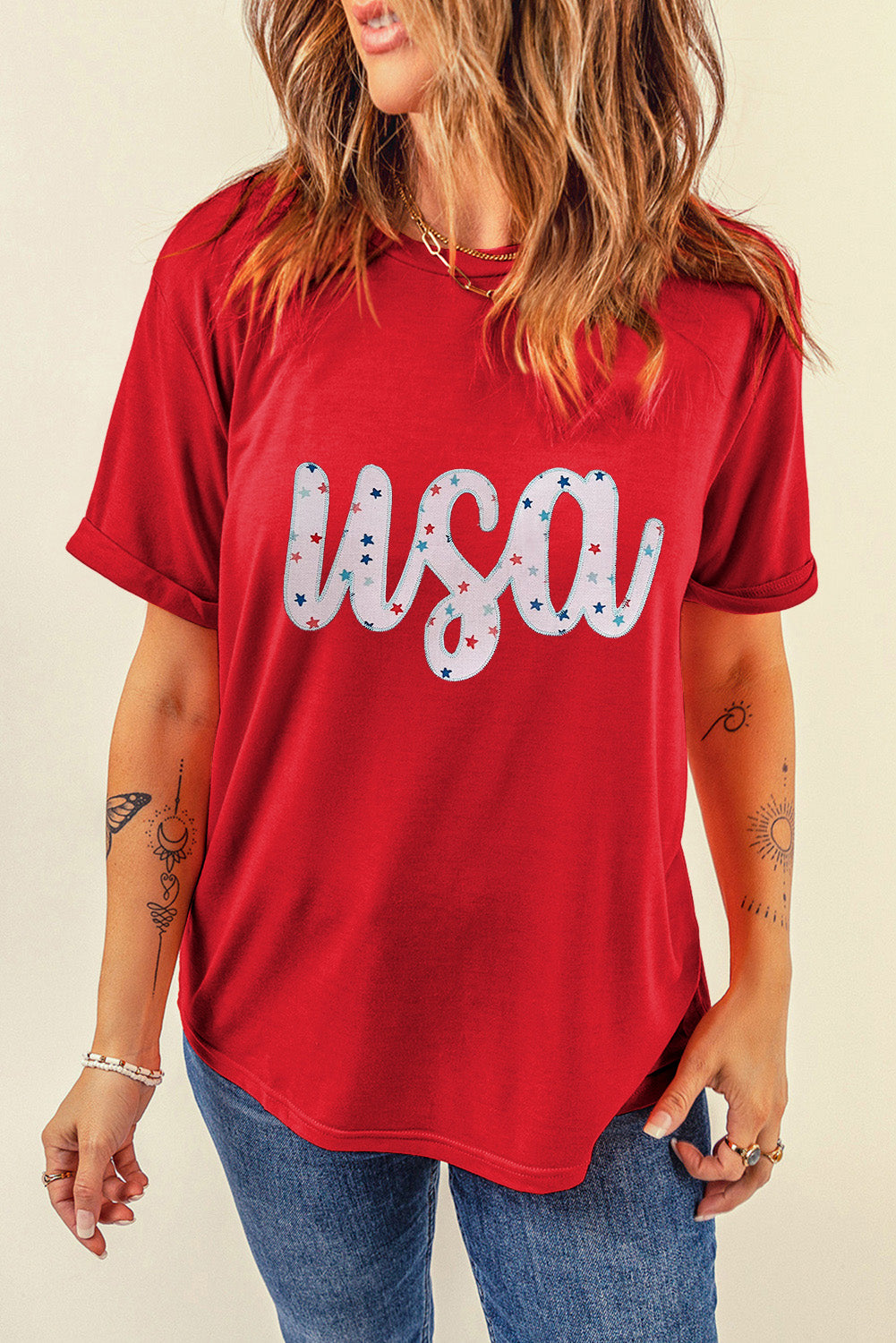 Red Starry usa Graphic Crewneck T Shirt Graphic Tees JT's Designer Fashion