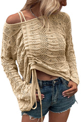 Khaki Hollowed Knit Asymmetric Drawstring Sweater Sweaters & Cardigans JT's Designer Fashion