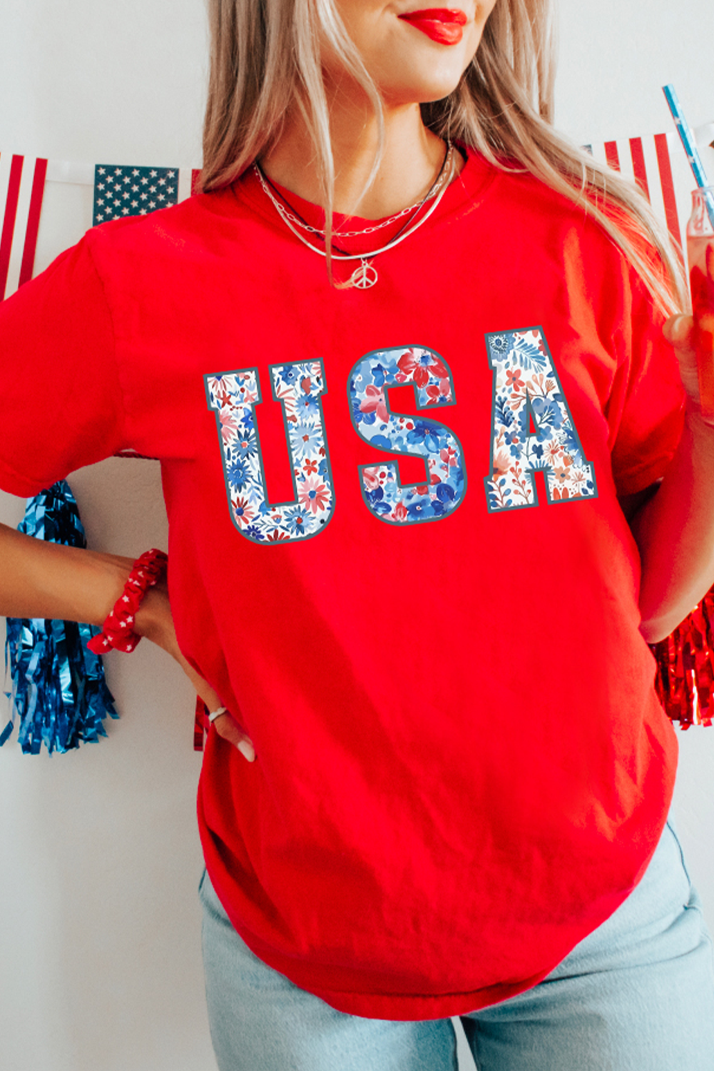 Red Floral USA Graphic Cuffed Sleeve Crew Neck Tee Graphic Tees JT's Designer Fashion