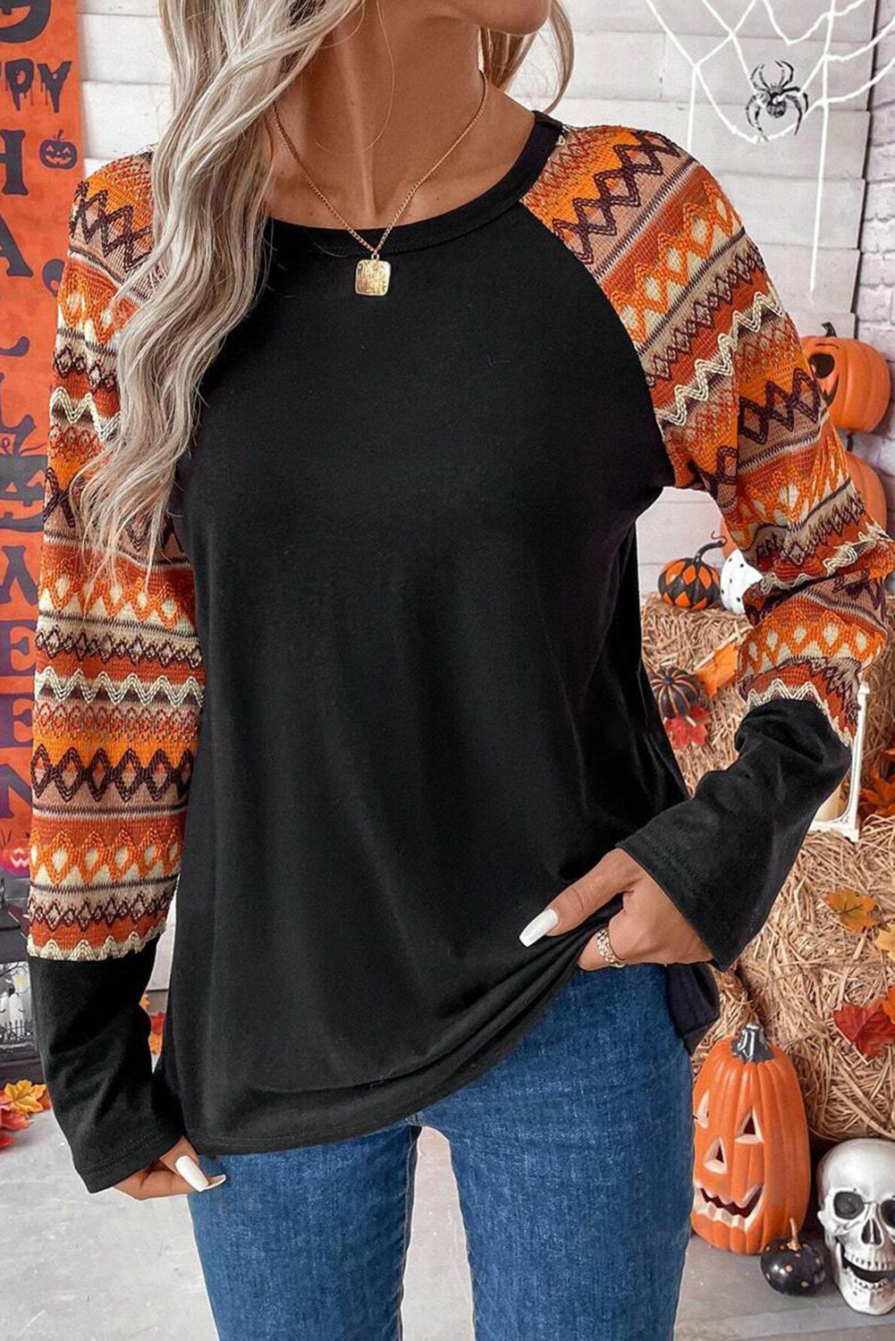 Orange Geo Print Raglan Patchwork Long Sleeve Tee Long Sleeve Tops JT's Designer Fashion