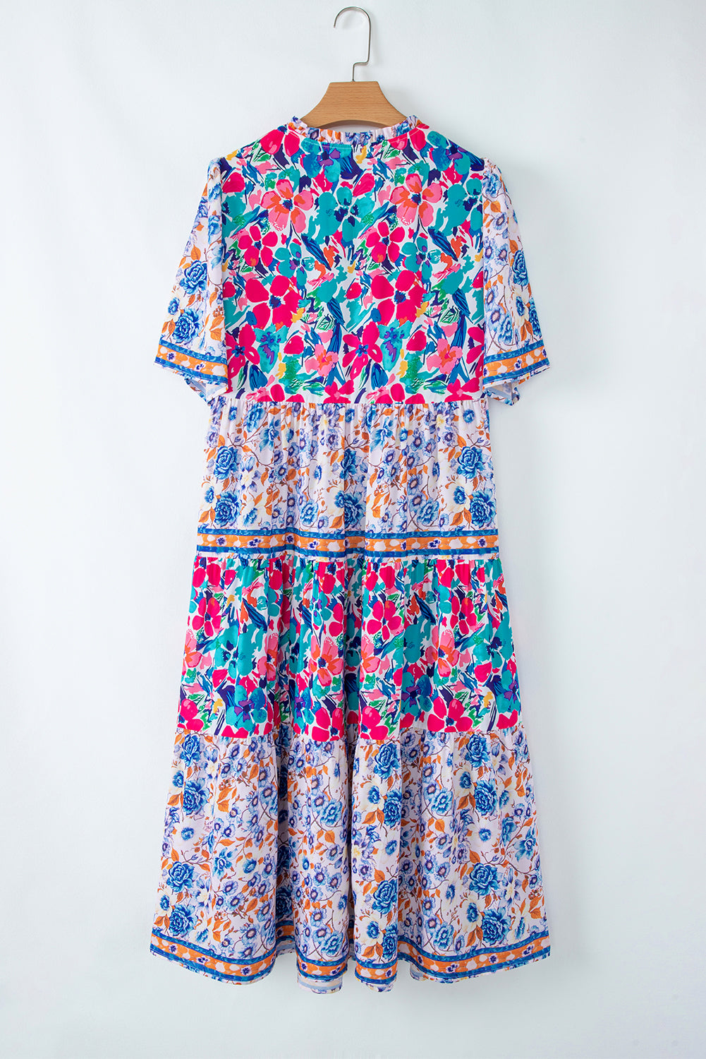 Sky Blue Mixed Floral Print Tie Split Neck Short Sleeve Dress Floral Dresses JT's Designer Fashion