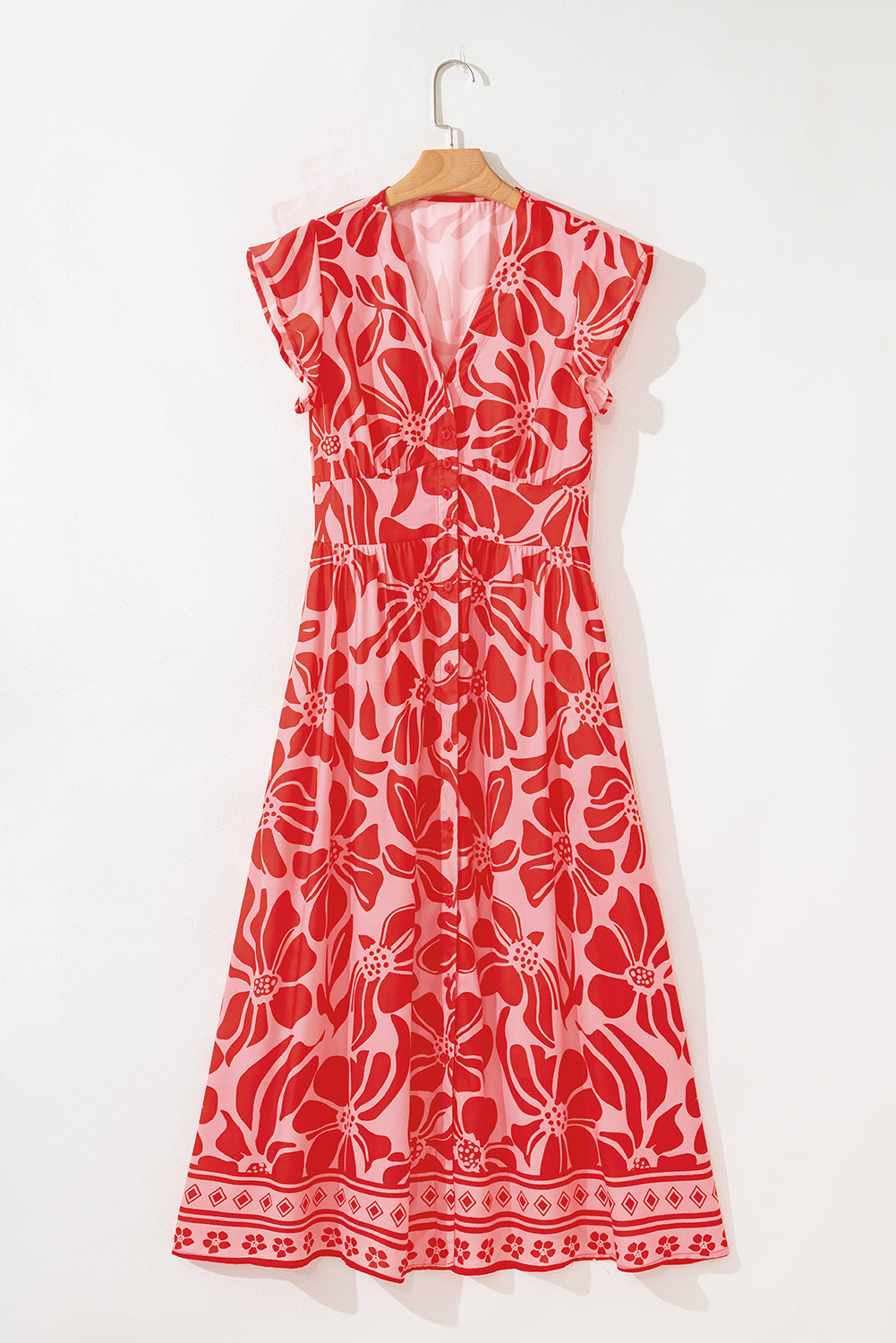 Red Boho Floral Short Sleeve V Neck Buttoned Shirred Waist Long Dress Floral Dresses JT's Designer Fashion