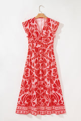 Red Boho Floral Short Sleeve V Neck Buttoned Shirred Waist Long Dress Floral Dresses JT's Designer Fashion