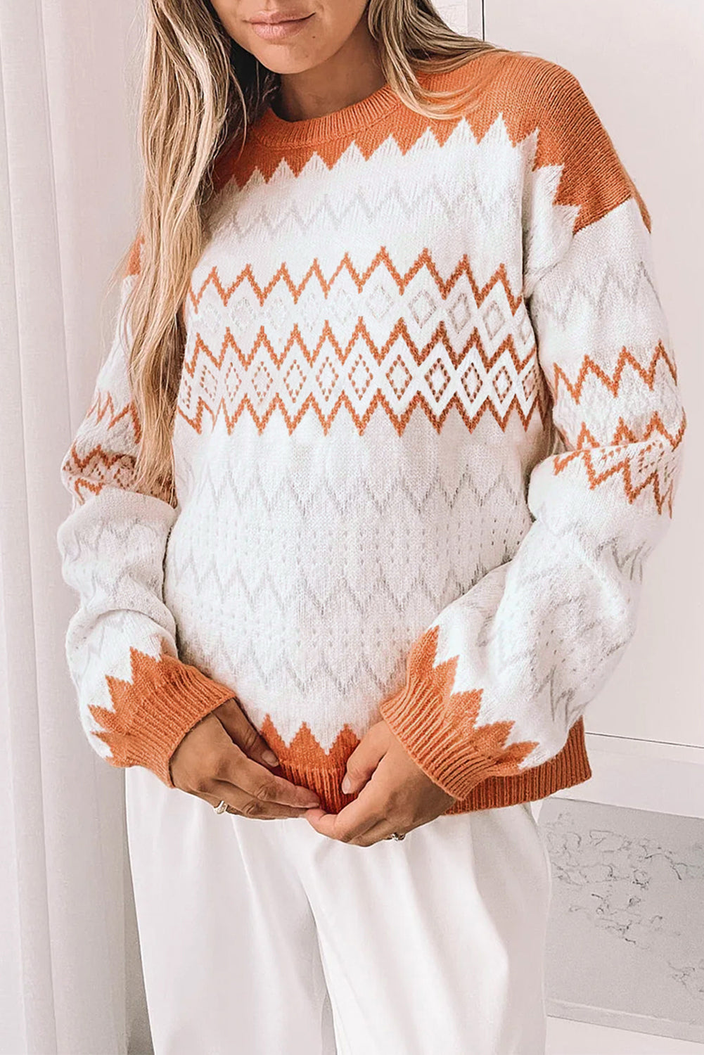 Khaki Zigzag Geometric Pattern Knitted Pullover Sweater Sweaters JT's Designer Fashion