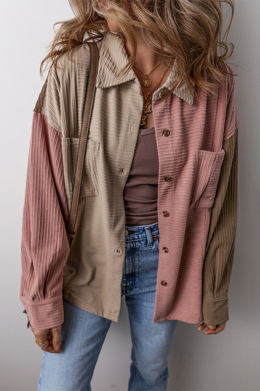 Mineral Red Color Block Chest Pockets Buttoned Corduroy Shacket Mineral Red 100%Polyester Jackets JT's Designer Fashion